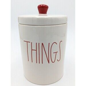 Rae Dunn THINGS White Red Storage Jar Canister Large Letters Red Interior W/Lid